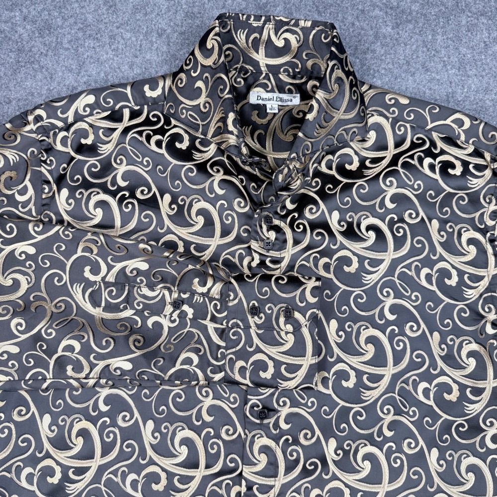 Daniel Ellissa Mens Black Gold Scroll Paisley Satin Dress Shirt Large 16.5 L